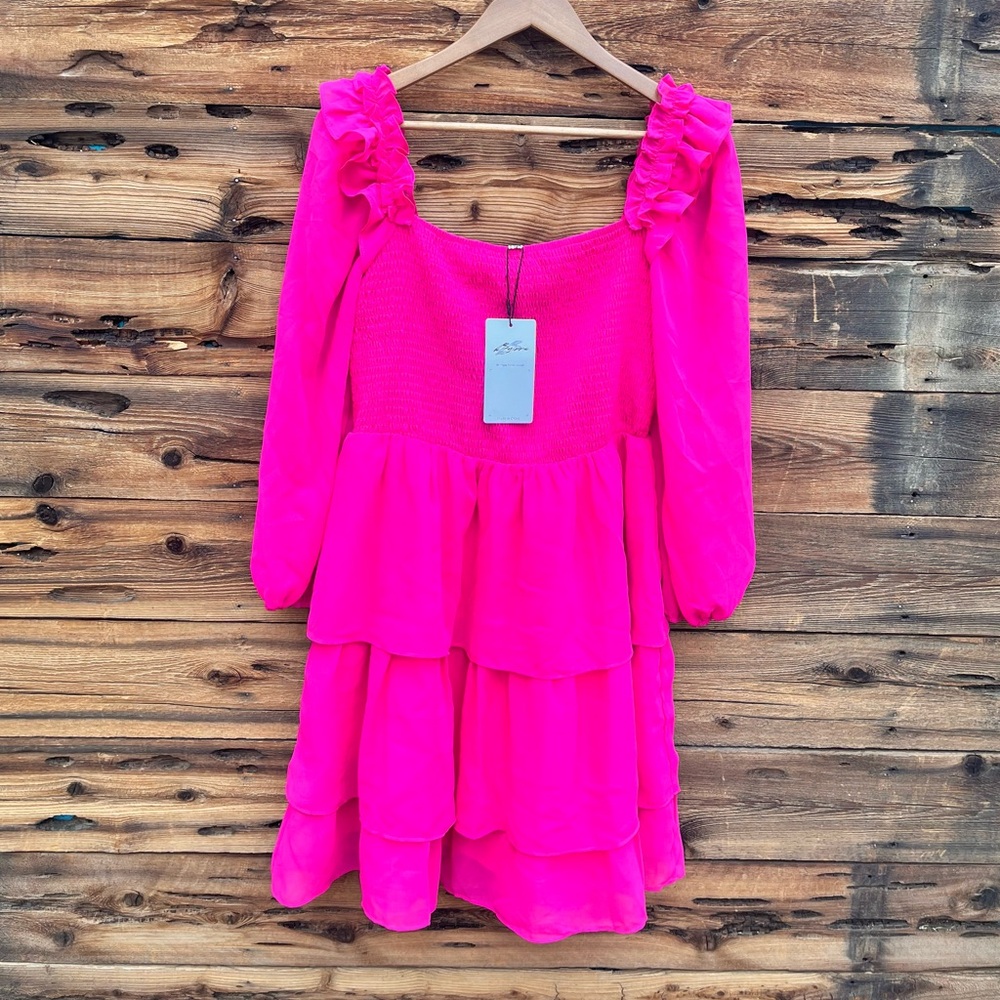 BYINNS | Hot Pink Long Sleeve Ruffle Mini Dress NWT XL